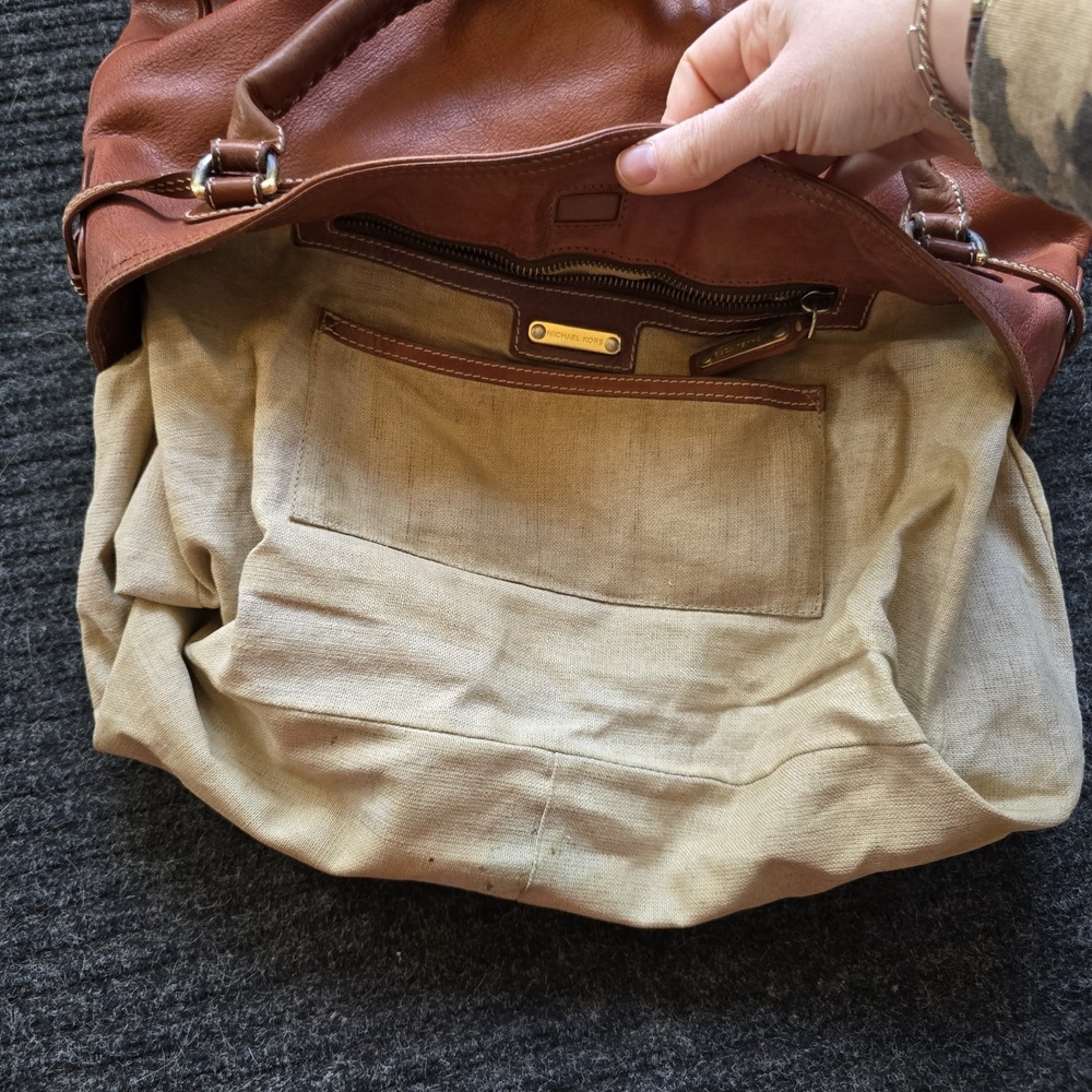 Vtg Michael Kors Double Pocket Buckle Whipstitch Leather Brown Hand Shoulder Bag - Picture 10 of 10